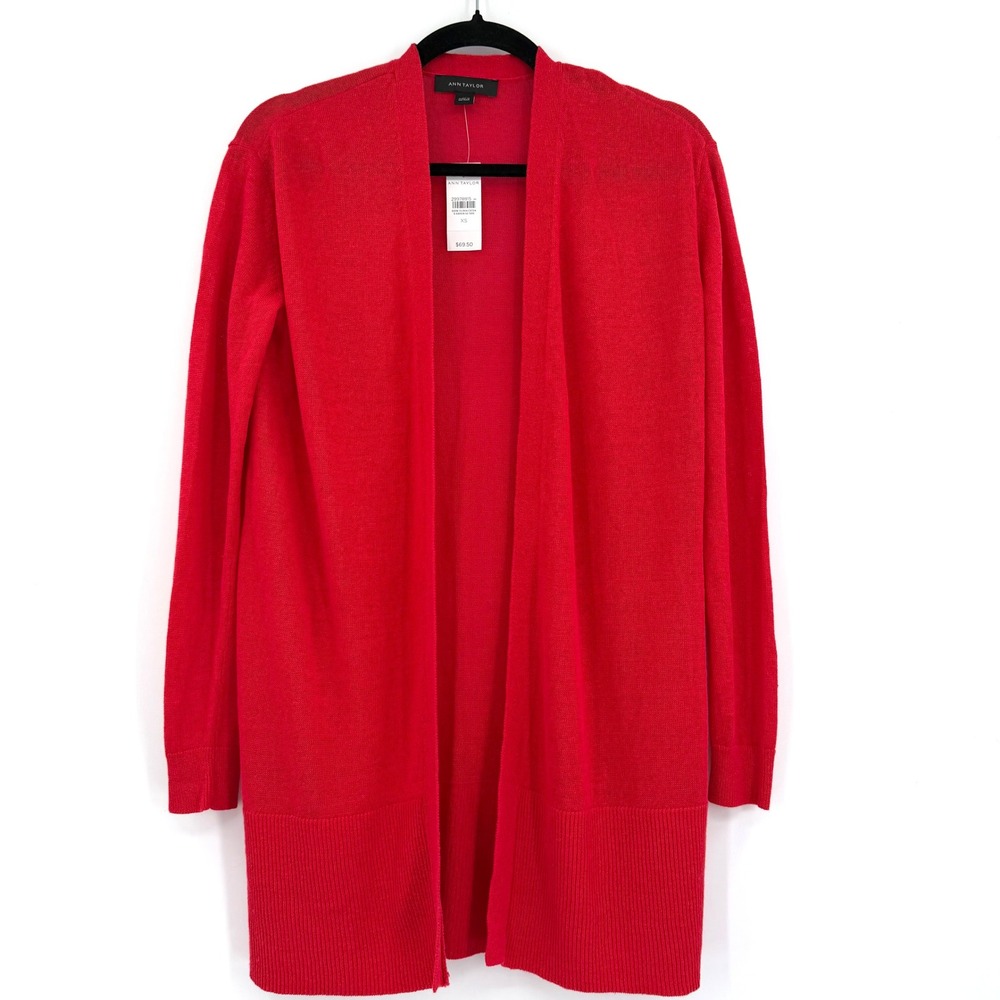 Ann Taylor Red Linen Blend Open Front Longline Cardigan Duster Layering  XS